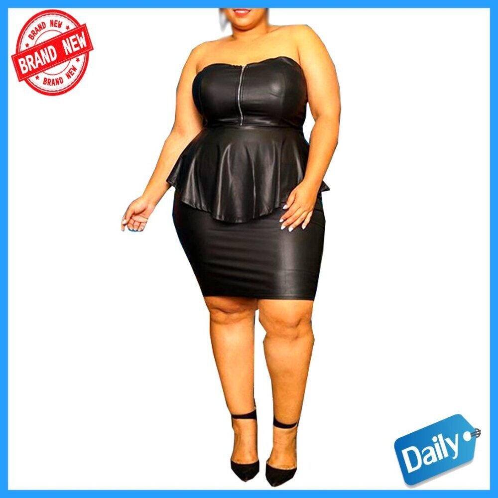 Two Piece Faux Leather Outfit Bodycon Zipper Tube Top Skirt Set Plus Size